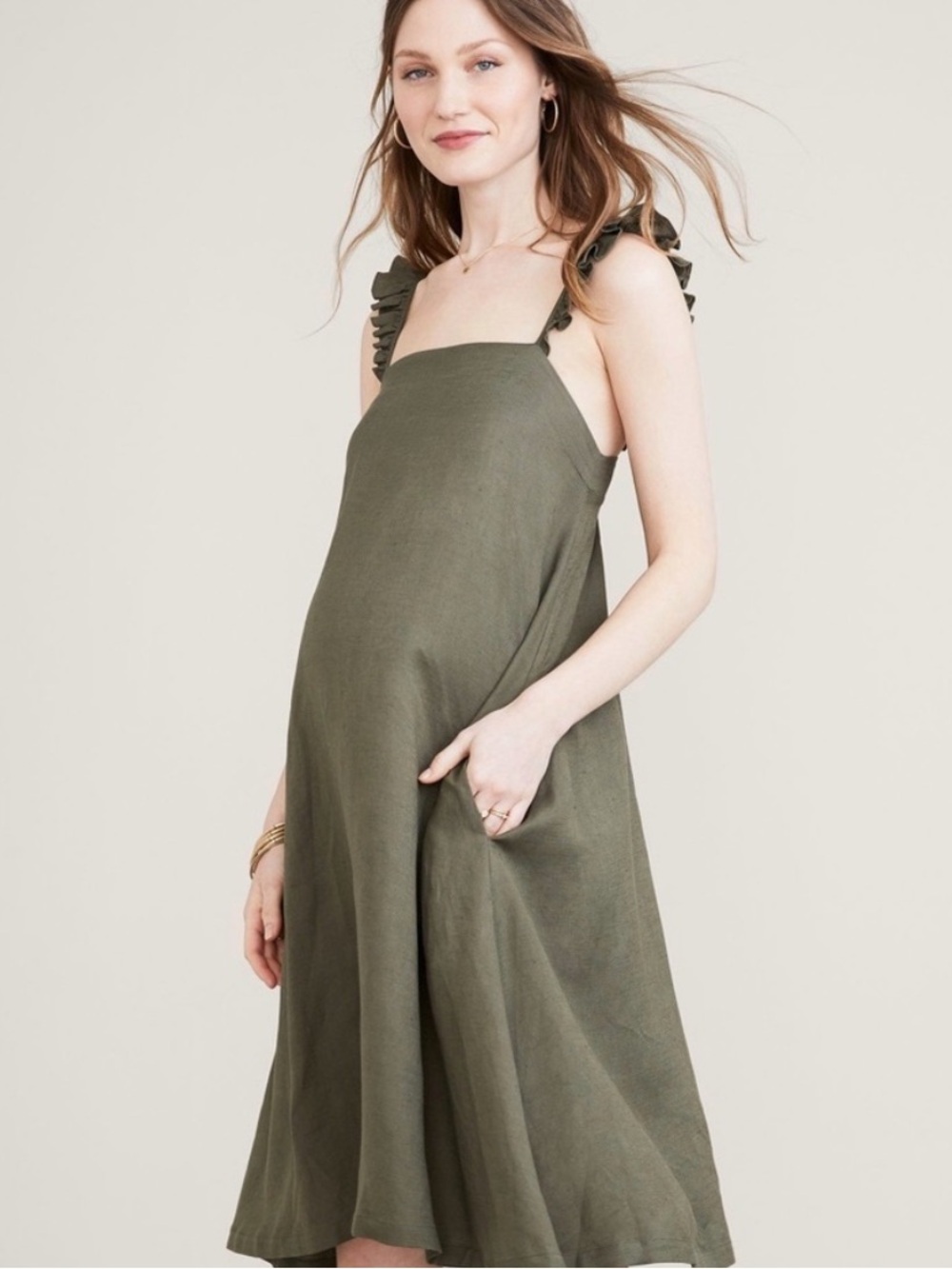 HATCH Maternity Cate Swing Linen Blend Dress in Olive Green Sz S